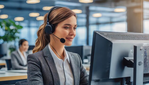 Highly focused female call center agent diligently managing multiple customer service tasks while working on a computer in a professional environment, showcasing dedication and efficiency.