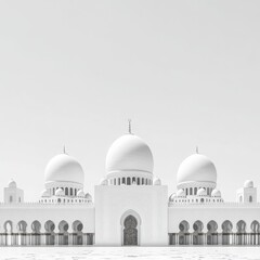 Fototapeta premium A minimalist black-and-white photograph of the Sheikh Zayed Mosque in Abu Dhabi, emphasizing the intricate architecture and majestic domes. 