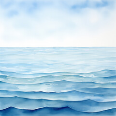 Peaceful watercolor seascape highlights soft blue waves, serene skies, gentle hues, and a calm, minimalist ocean view.