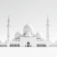 Fototapeta premium A minimalist black-and-white photograph of the Sheikh Zayed Mosque in Abu Dhabi, emphasizing the intricate architecture and majestic domes. 