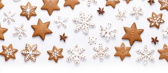 Seamless pattern of gingerbread and snowflake cookies arranged on a white background perfect for holiday baking and winter festive designs
