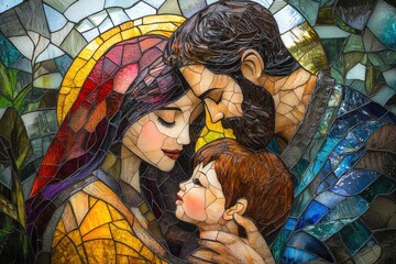 Holy family embracing in stained glass window, depicting love and unity