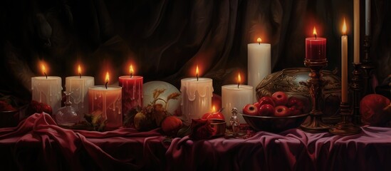 Warm ambiance of candlelit still life featuring assorted candles and decorative elements in a rich and cozy setting.