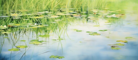 Obraz premium Tranquil reflection of grass and leaves in water under a cloudy sky showcasing serene spring greenery and vibrant water lilies.