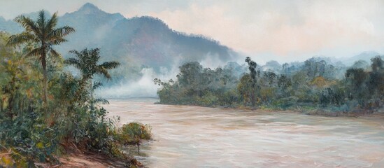 Scenic river landscape during the rainy season with misty mountains and lush greenery in a serene natural setting.
