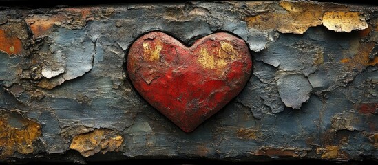 Obraz premium Rustic red heart on weathered wooden background with peeling paint and textured surface