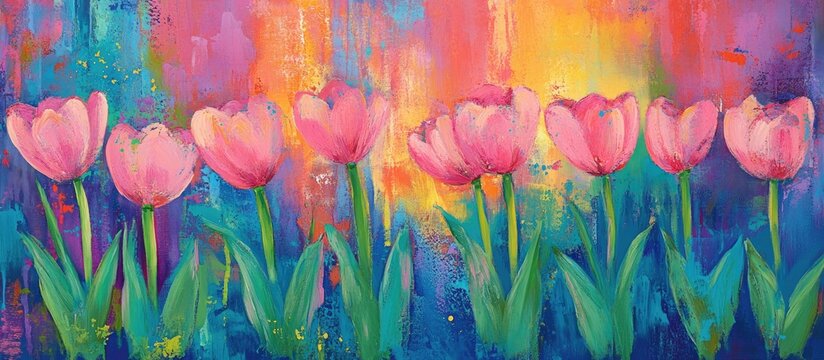 Vibrant spring sale banner with pink tulips set against a colorful abstract background for seasonal promotions and marketing campaigns.