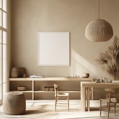 Minimalist interior featuring natural materials and soft lighting.