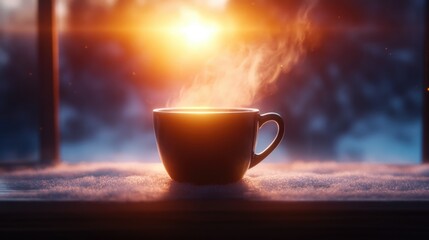 Obraz premium Steaming coffee cup on a rustic windowsill with a serene snowy landscape at sunrise, evoking a cozy winter ambiance and inviting still life.
