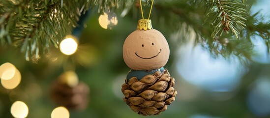 Handmade Christmas ornament featuring painted pine cone and peanuts promoting DIY decoration ideas for kids with a focus on recycling and upcycling.