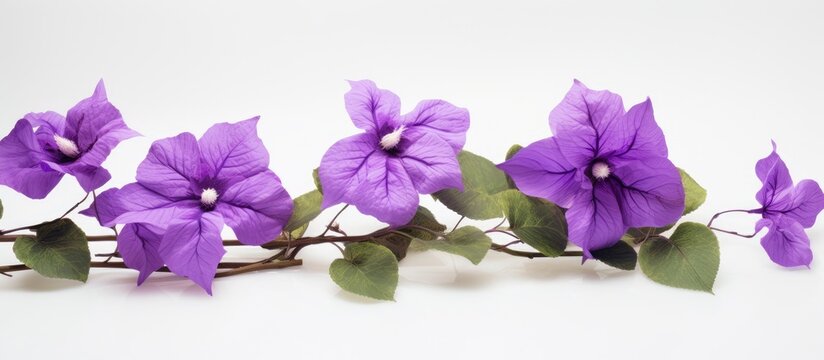 Vibrant purple bignonia flowers arranged elegantly with green foliage on a neutral background showcasing natural beauty and floral aesthetics.
