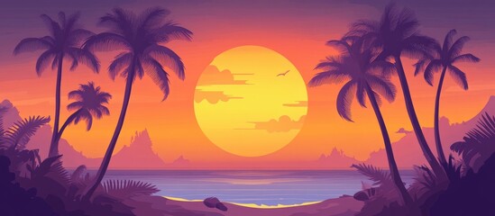 Obraz premium Vibrant sunset over serene seascape with palm trees silhouetted against colorful skies and calm waters