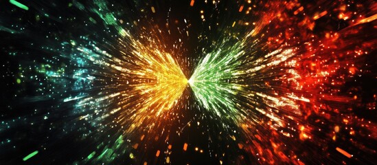 Dynamic abstract fireworks explosion backdrop with vibrant colors symbolizing celebration and fusion of diverse elements. Perfect for New Year themes.