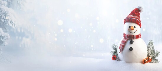 Fototapeta premium Charming snowman in serene winter landscape wearing a festive hat surrounded by snowflakes and holiday decorations
