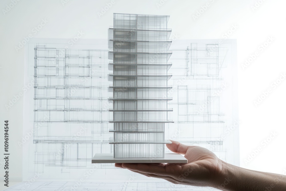 Poster a hand holds a transparent architectural model against a blueprint background.