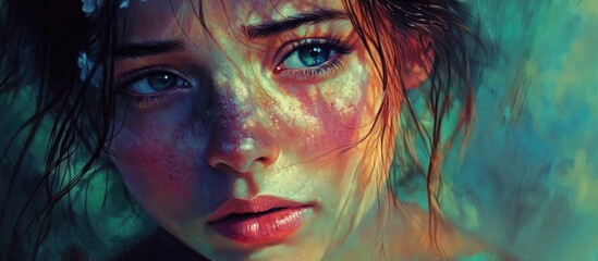Portrait of a young girl with expressive eyes and freckles, surrounded by a vibrant, ethereal background, showcasing deep emotion and beauty.