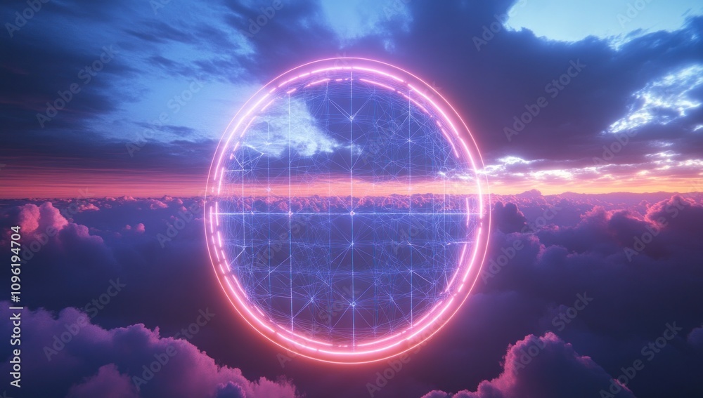 Poster a glowing circular grid structure amidst colorful clouds at sunset.