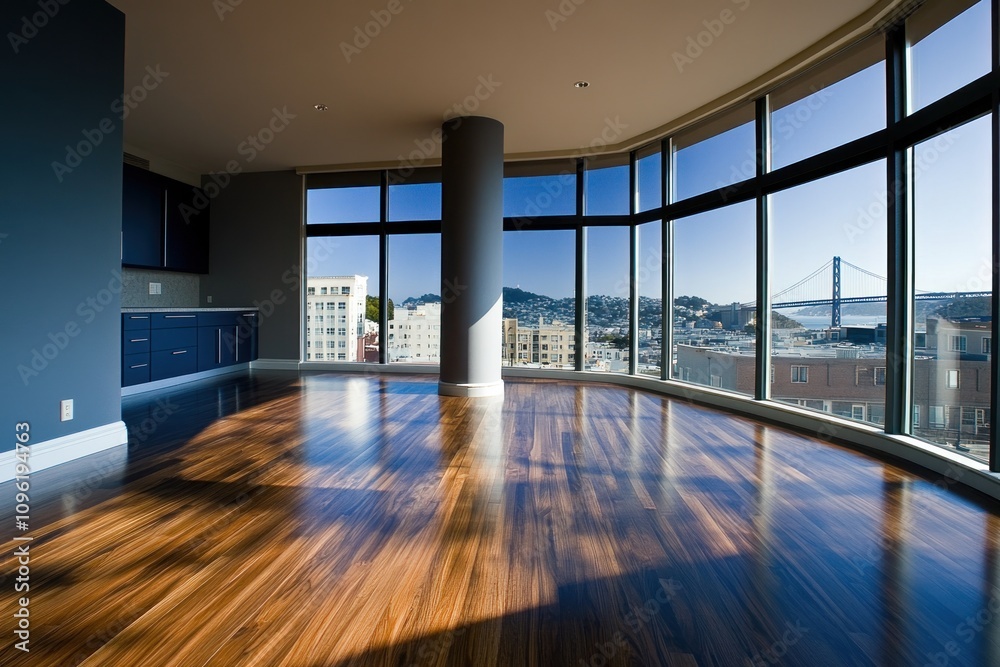 Poster Modern interior with large windows offering a scenic view of a bridge and cityscape.