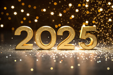 Golden 3D Numerals 2025 on a Sparkling Background with Shimmering Confetti for Festive and Elegant Celebrations