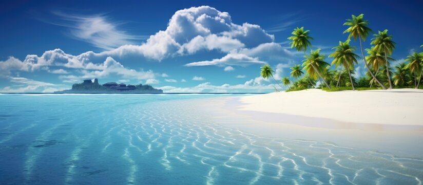 Tropical paradise white sandy beach with turquoise waters and lush palm trees under vibrant blue sky and fluffy clouds