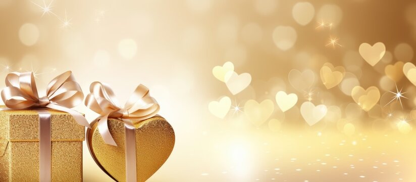 Ornamental hearts and gift boxes on a sparkling gold backdrop ideal for romantic greeting cards and wedding invitations