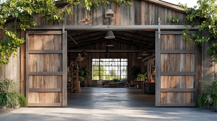 Large sliding barn doors opening into rustic workshop interior