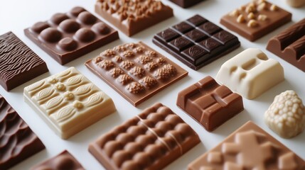 Assortment of textured chocolate bars in various shapes and sizes, showcasing rich colors and intricate designs arranged in an appealing manner.