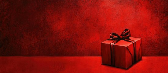 Festive gift box with a black ribbon on a vibrant crimson background ideal for celebrations and holiday promotions