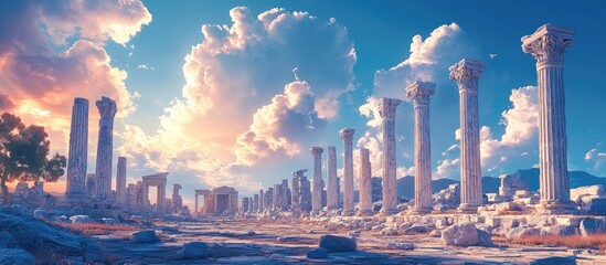 Panoramic view of ancient marble ruins amidst a scenic sky showcasing columns and architectural remnants of a historic civilization.