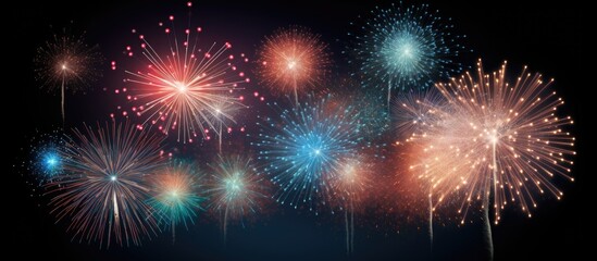 Fototapeta premium Colorful firework display bursting in night sky creating a festive celebration atmosphere with vibrant lights and sparkling effects