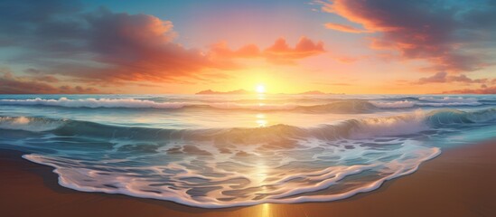 Serene Sunrise Over Tranquil Beach Waves Illuminated by Dawn Light