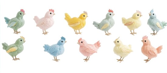 Colorful decorative tiny chickens for Easter celebration isolated on a clean white background ideal for seasonal marketing and spring themes