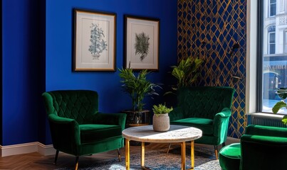A stylish lounge area featuring green chairs, a round table, and decorative plants.