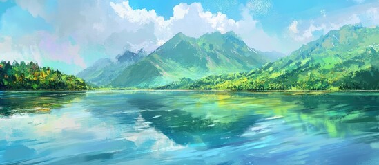 Vibrant Rainbow Lake surrounded by lush green mountains under a bright blue sky reflecting in the tranquil water's surface