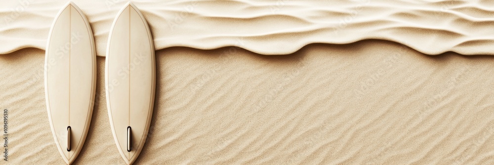 Poster two surfboards resting on a sandy beach with gentle waves in the background.