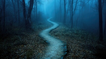 Fototapeta premium Winding path leading into dark and foggy forest at night