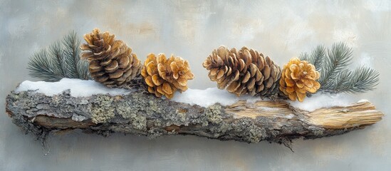 Spruce Twigs and Pinecones with Snow on Rustic Log Natural Winter Decoration