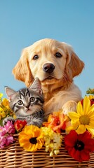 Golden Retriever Puppy and Kitten in a Basket of Flowers