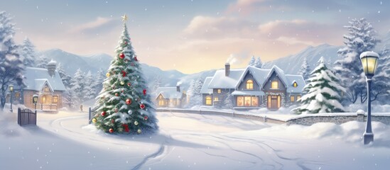 Winter wonderland scene with festive decorations and snow-covered landscape showcasing a cozy Christmas atmosphere