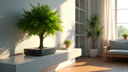 Modern Serenity: Virtual Trees in Cozy Living Rooms