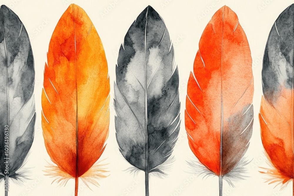 Poster watercolor seamless pattern with orange and grey feathers floating gently