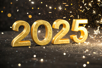 Golden 3D Numerals 2025 on a Sparkling Background with Shimmering Confetti for Festive and Elegant Celebrations