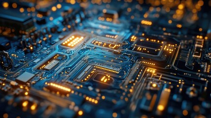 Obraz premium Detailed close-up of a circuit board showcasing intricate patterns of copper traces and glowing lights, capturing the complexity of modern electronic technology.