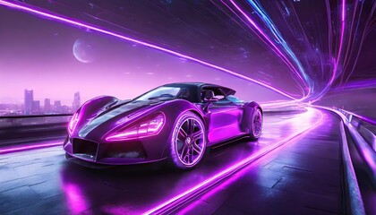 Futuristic synth-wave car driving at night, illuminated by vibrant purple neon lights, set against a glowing cityscape. Retro-futurism meets modern aesthetics in this electrifying visual