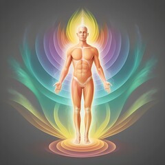human body soul aura neon glow blue and pink black background silhouette chakra vital energy concept mind esotericism psychology