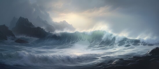 Obraz premium Majestic ocean waves crashing against rugged cliffs under a dramatic sky showcasing the beauty of nature's coastal landscape.