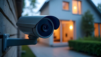 Outdoor security camera mounted on a home's wall at dusk.