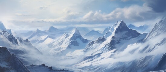 Obraz premium Majestic snowy mountains under a clear sky showcasing the serene beauty of winter's end in a stunning landscape view.