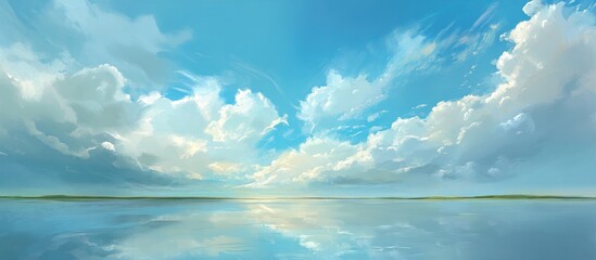 Obraz premium Serene landscape with tranquil water reflecting a vibrant blue sky and fluffy clouds creating a peaceful atmospheric scene.