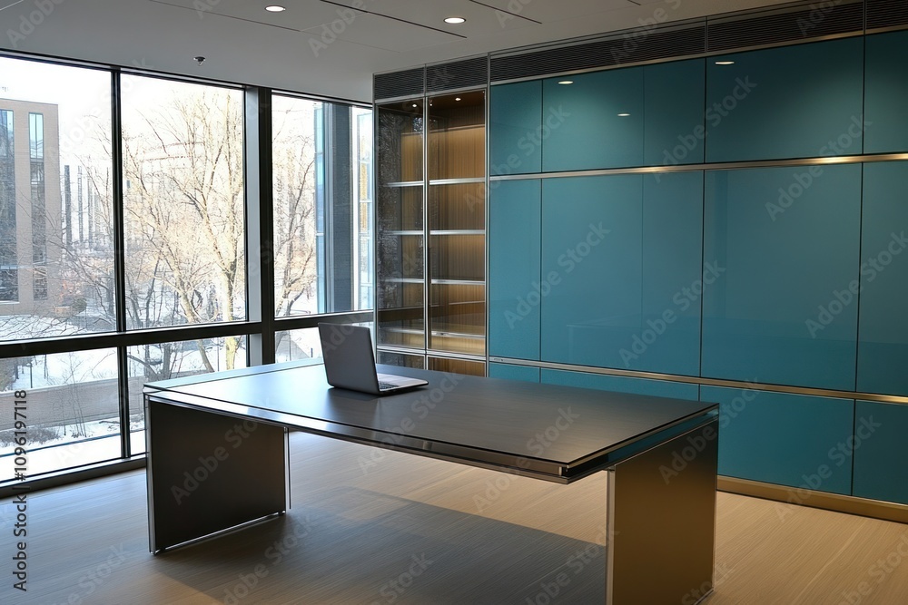 Aufkleber modern office space featuring a sleek desk and large windows with a view.